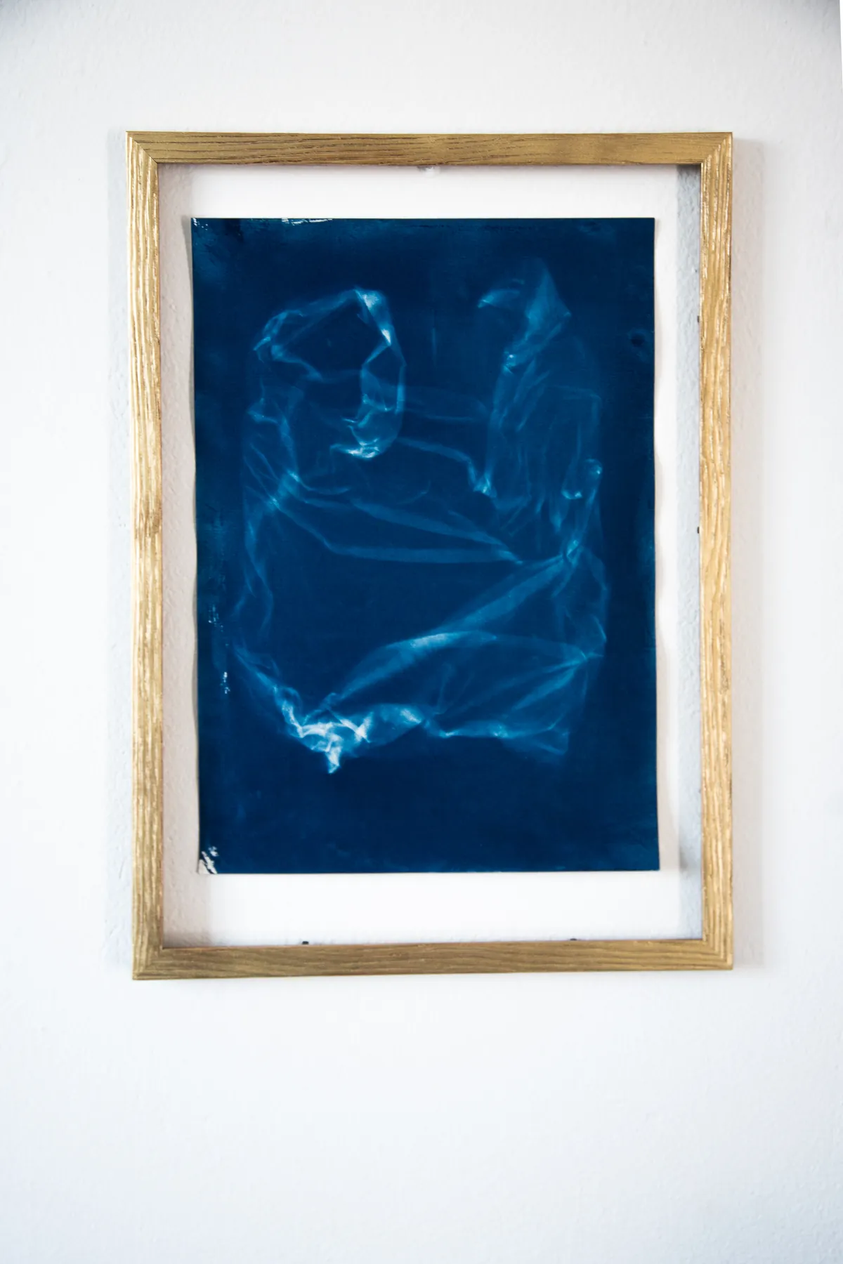 A framed deep-blue cyanotype shows the translucent form of a discarded plastic bag.