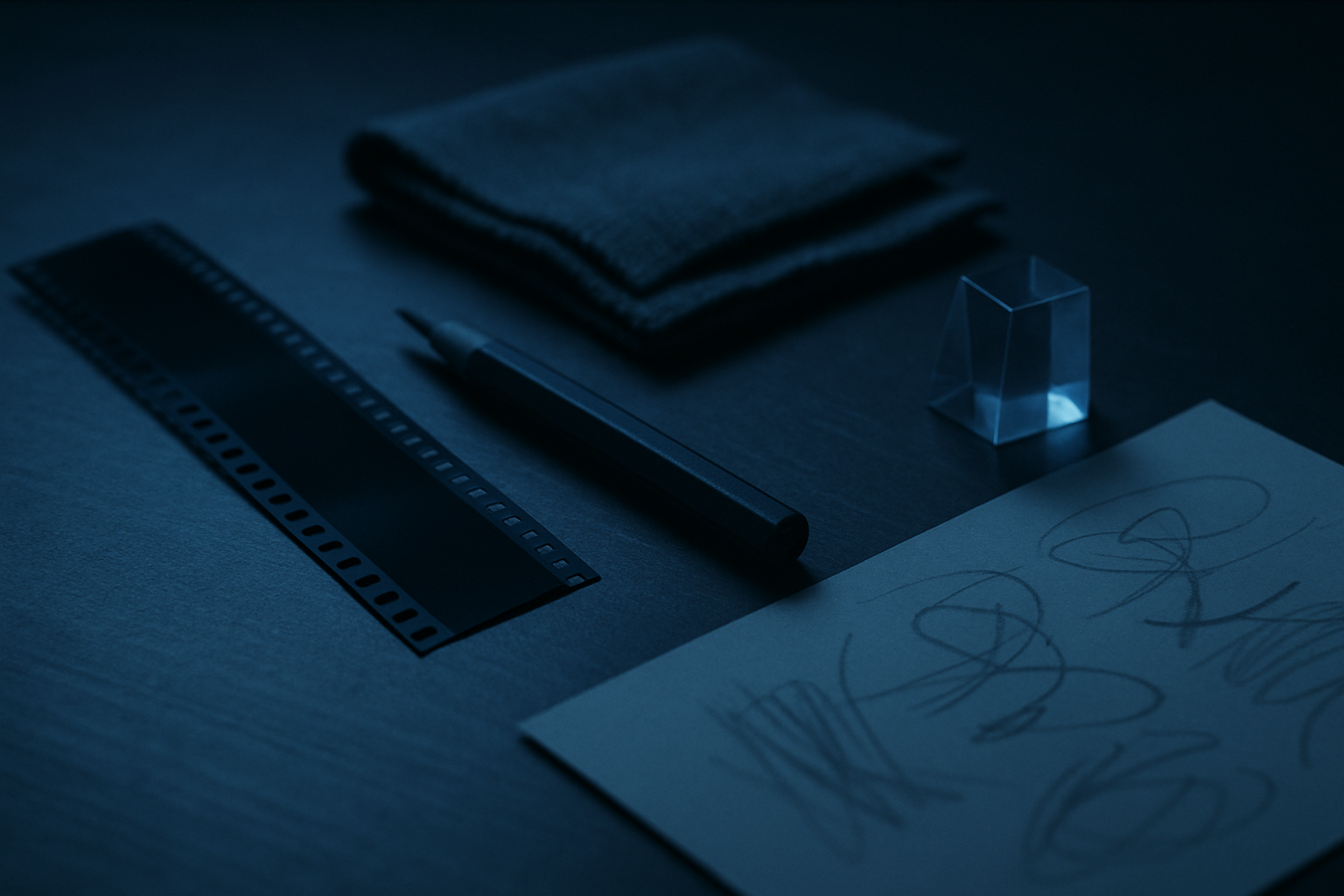 Still life di taccuini e strumenti da set in luce blu